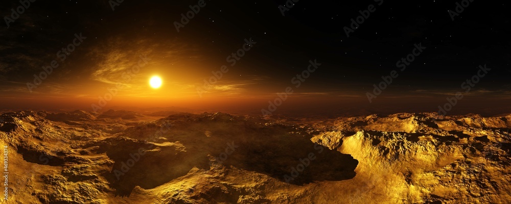 Alien landscape at sunrise, Mars at sunset, Mars panorama, 3D rendering