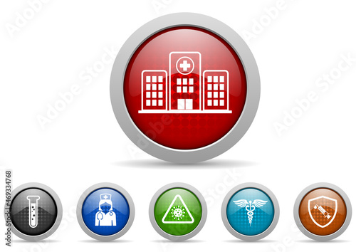 Healthcare and medicine icon set, hospital, doctor and vaccination buttons, medical symbols collection