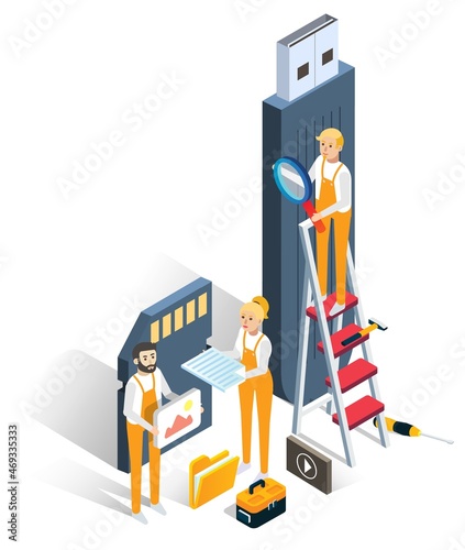 Recovery data, vector isometric illustration. USB flash, memory card repair. Lost video, photos or music files recovery.