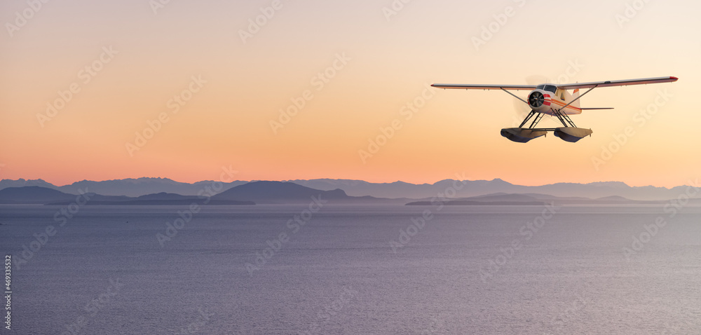 Seaplane Flying over the Pacific Ocean on the West Coast. Adventure Composite. 3D Rendering Airplane. Aerial Background Image from British Columbia near Vancouver, Canada. Seaplane Flying over the Pacific Ocean on the West Coast. Adventure Composite. 3D Rendering Airplane. Aerial Background Image from British Columbia near Vancouver, Canada.