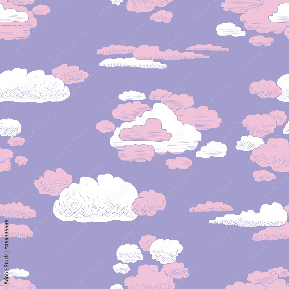 Seamless background of silhouettes white and pink clouds in lilac evening sky