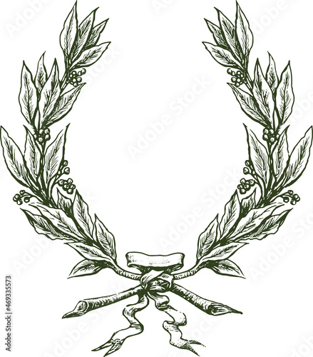 Freehand drawing of laurel branches triumphal wreath with ribbon