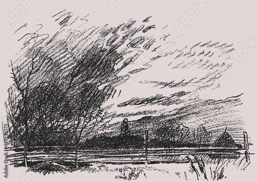 Freehand textured drawing of abstract countryside landscape with silhouettes trees and haystack in farm field