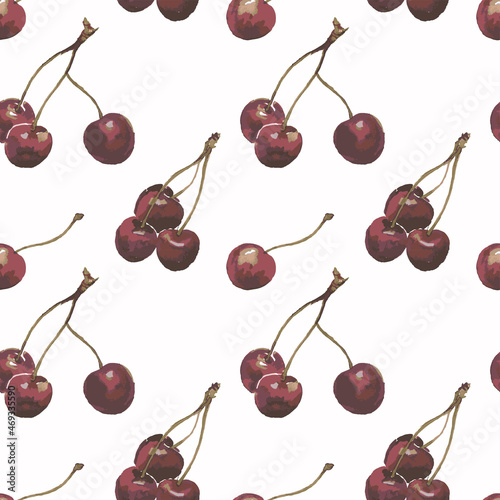 Seamless background of watercolor drawings ripe cherry berries