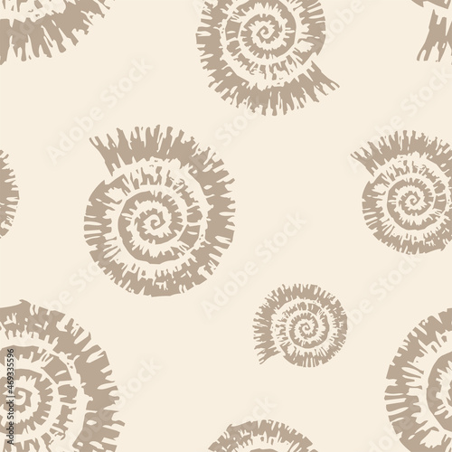 Seamless pattern of silhouettes textured drawn seashells nautiluses