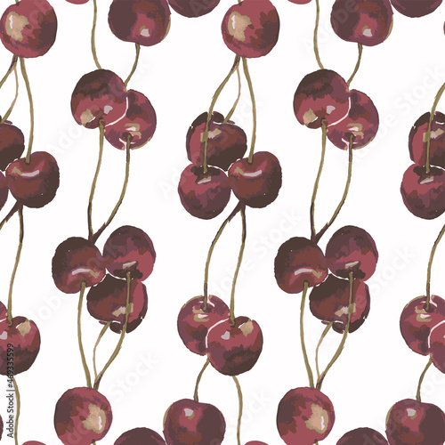 Seamless pattern of watercolor drawings ripe cherry berries