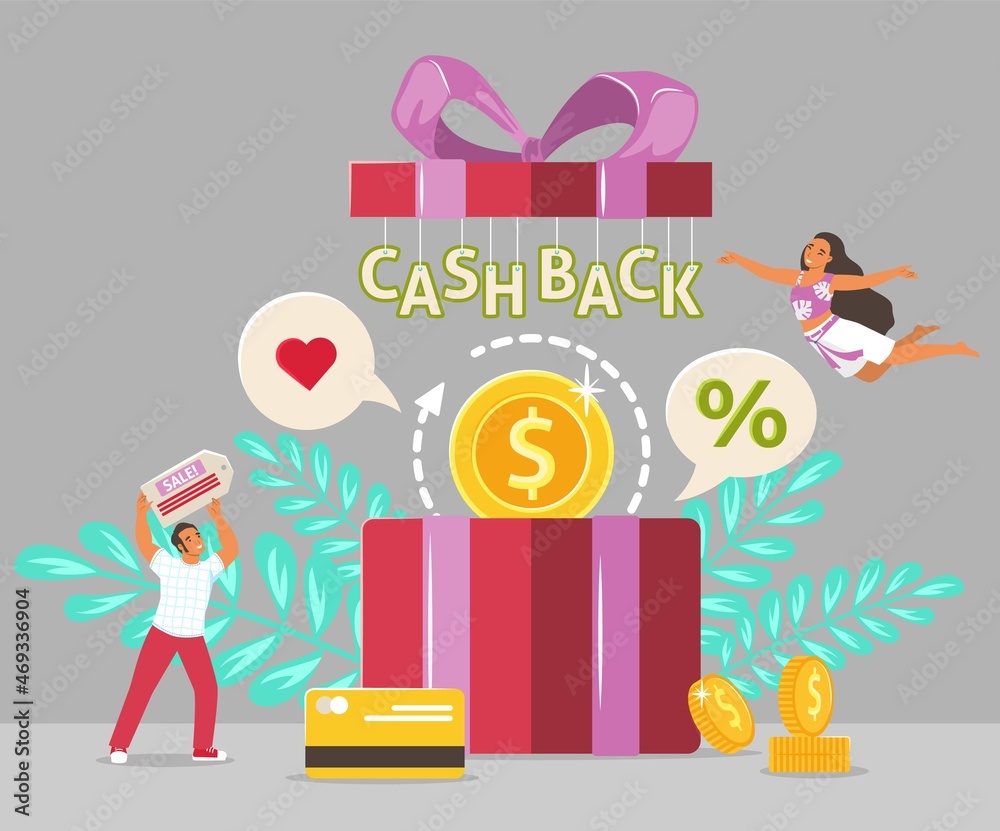 Cash back bonus credit card reward. Online shopping cashback incentives, customer loyalty programs, vector illustration.