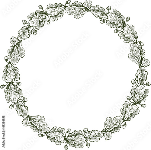 Vector drawing of decorative round border from oak branches