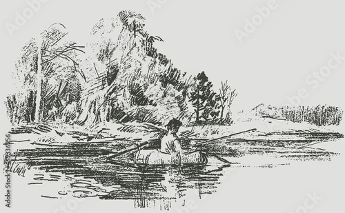 Vector textured drawing of landscape riverside with fisherman in boat