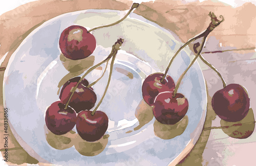 Vector watercolor drawing of still life with ripe cherry berries on white plate in sunlight