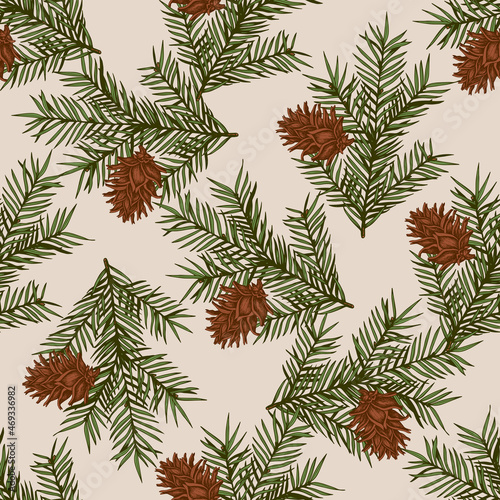 Vintage Christmas seamless pattern with green fir branch.