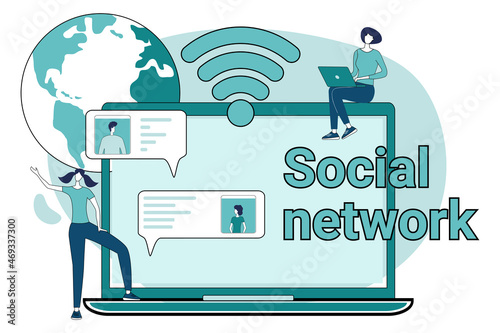 Social network.People on the background of a large laptop and the globe use messengers and social networks.A business-style poster.Vector illustration.