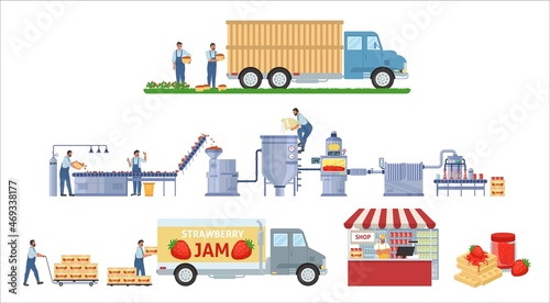 Strawberry jam production vector infographic. Fruit harvest. Factory processing line, distribution, sale. food industry. © Siberian Art