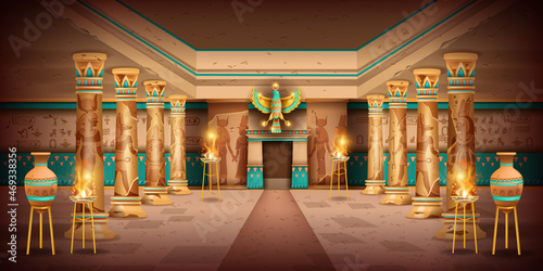 Egypt temple game background, vector ancient pharaoh pyramid tomb interior, old stone column, vase. History religion palace room, god silhouette, wall hieroglyphs. Egypt temple hall, colonnade, fire