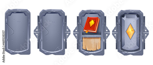 Stone card game set, vector fantasy magic RPG interface background, UI panel board, deck item frame. Medieval achievement panel, equipment object, old book, crystal gem. Grey card game kit on white