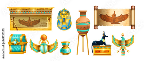 Egypt ancient treasure icon set, vector old civilization object, pharaoh tomb, gold scarab jewelry, vase. History game illustration Anubis statue, sarcophagus, papyrus scroll. Egypt mythology treasure photo