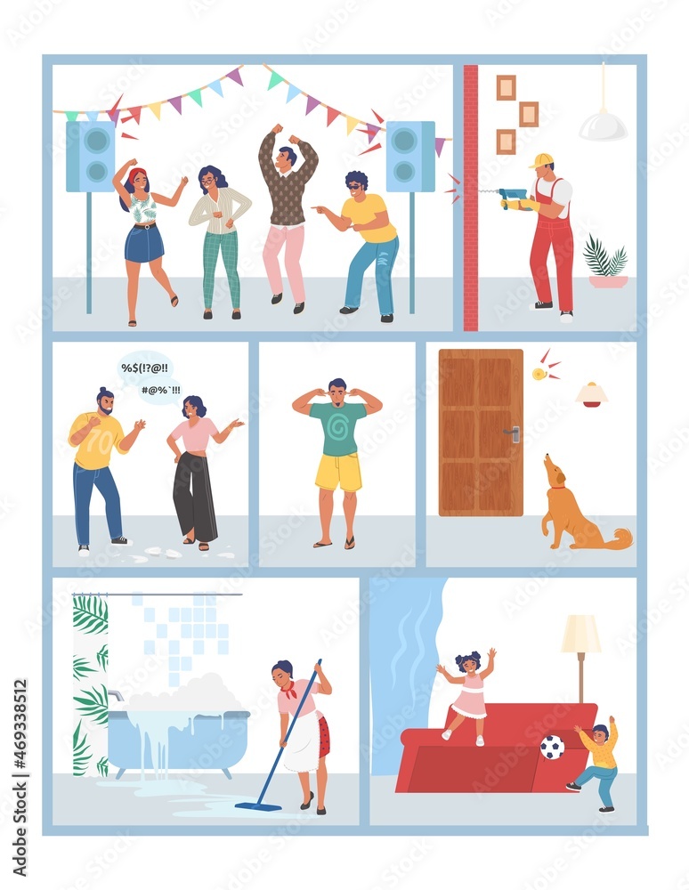 Apartment noise. Noisy neighbors dancing, screaming, drilling wall, bark dog, loud children playing, vector illustration Apartment noise. Noisy neighbors dancing, screaming, drilling wall, bark dog, loud children playing, vector illustration