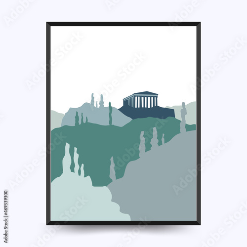 Travel poster post card vintage template. Limited colors, no gradients. Vector illustration. Acropolis of Athens, Athens, Attica, Greece