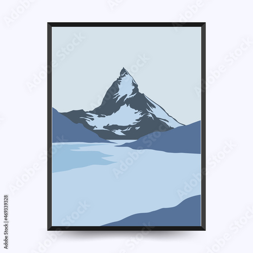 Travel poster post card vintage template. Limited colors, no gradients. Vector illustration. Matterhorn, Valais, Switzerland