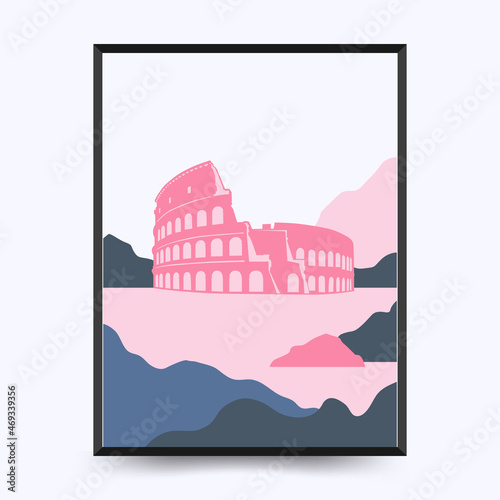 Travel poster post card vintage template. Limited colors, no gradients. Vector illustration. Colosseum,  Regio III Isis et Serapis, Rome, Italy