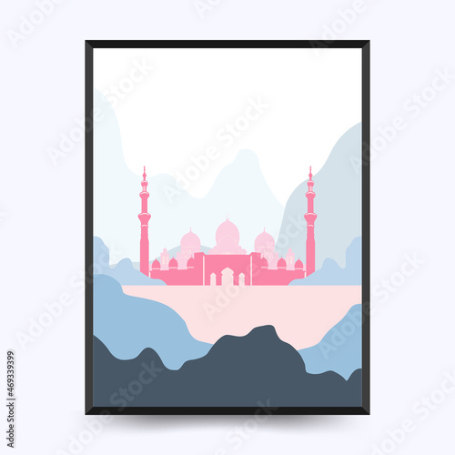 Travel poster post card vintage template. Limited colors, no gradients. Vector illustration. Sheikh Zayed Grand Mosque,  Abu Dhabi, U.A.E.