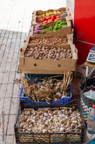 Food market in the center of Esilova, Turkey. Fresh vegetables and fruits are on display. Healthy eating photo