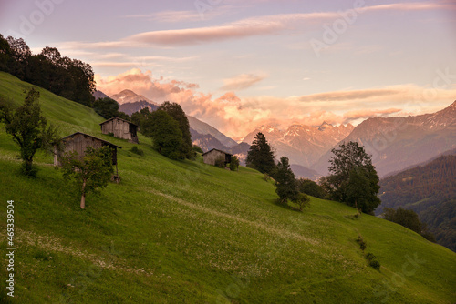 wooden hay huts at green slope, sunset scenery grisons, switzerland