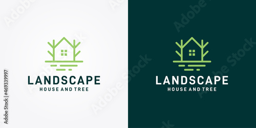 Modern tree with house shape logo design illustration with line art. Premium vector