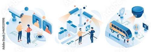 City surveillance video control with street safety cameras CCTV, flat vector isometric illustration. Public security.