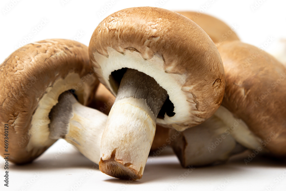 Fototapeta premium Brown champignons on a white background. Champignon variety. Healthy vegetarian food.