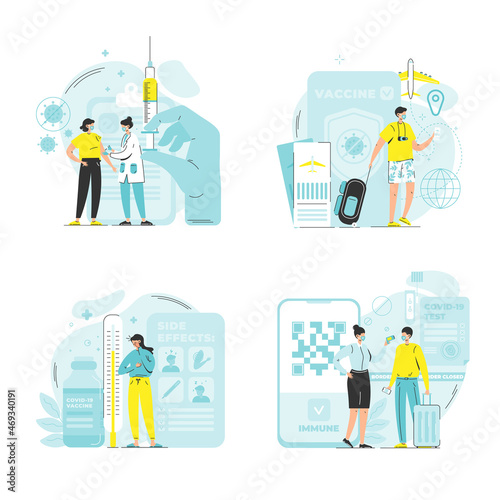 Covid-19 vaccination, its side effects, testing, temperature scanning, travel vaccine passport, vector illustration.