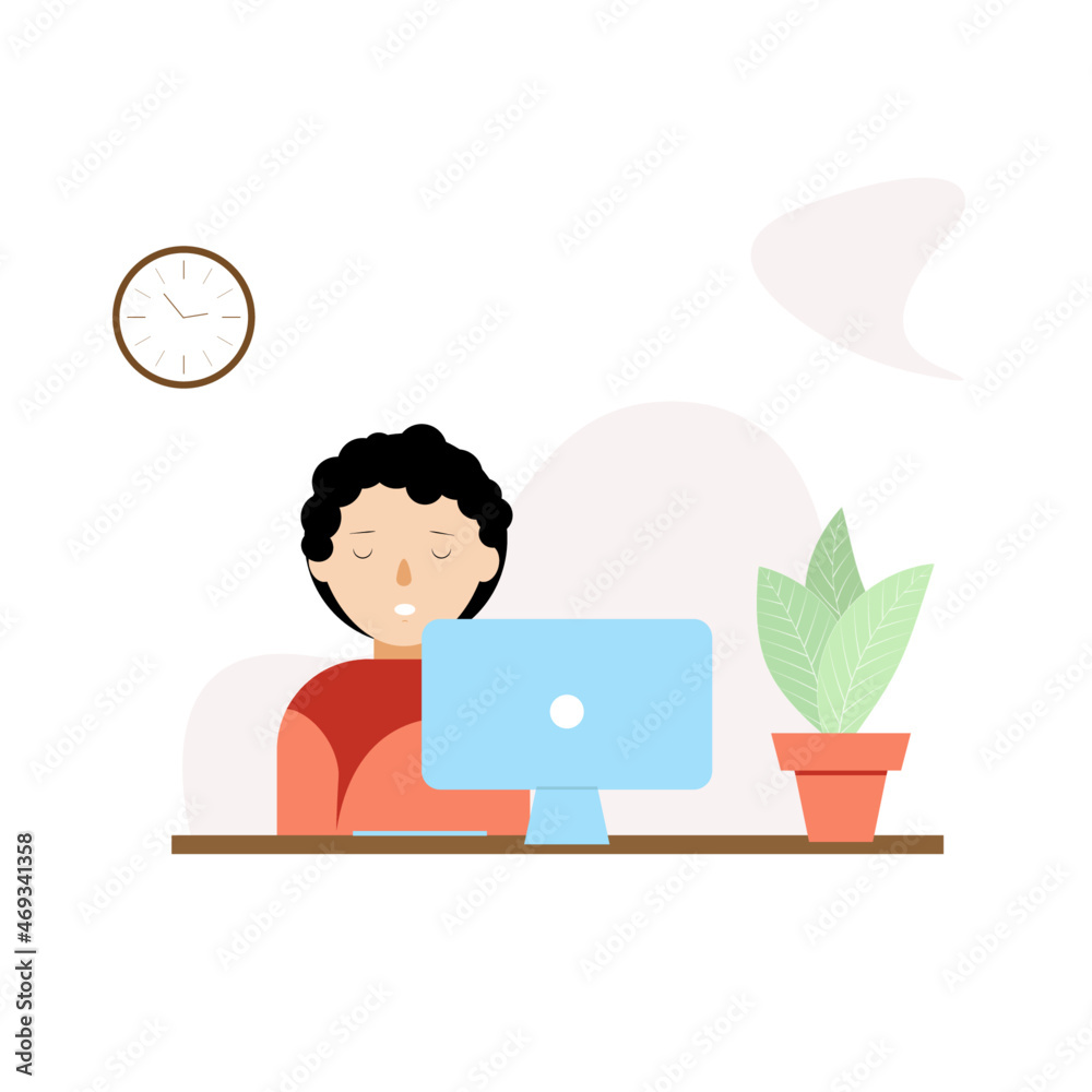 Flat illustration office work, work from home, study remotely. The flat character is sitting at the table. Desktop computer. Flower in a pot. Plant. Deadline. Software developer. Office illustration. Flat illustration office work, work from home, study remotely. The flat character is sitting at the table. Desktop computer. Flower in a pot. Plant. Deadline. Software developer. Office illustration.