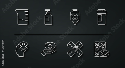 Set line Measuring cup, Male head with hospital, Medicine bottle, Crossed bandage plaster, Heart cross, Hand sanitizer, Pills blister pack and IV bag icon. Vector