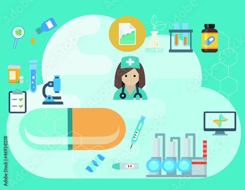 Medical, pharmaceutical research, drug, medicine science and production concept background vector 