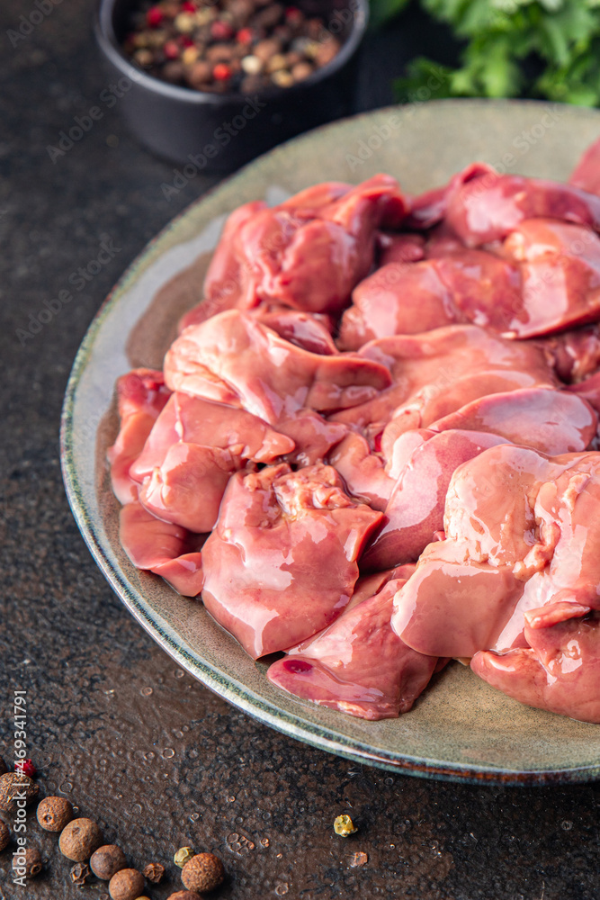 chicken liver raw offal pieces meal snack copy space food background rustic. top view chicken liver raw offal pieces meal snack copy space food background rustic. top view