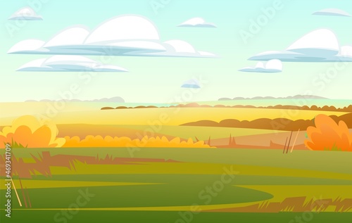 Beautiful autumn rural landscape. Rustic wildlife. Village is pasture and vegetable garden. Harvest time of year. Yellow and orange scene. Vector