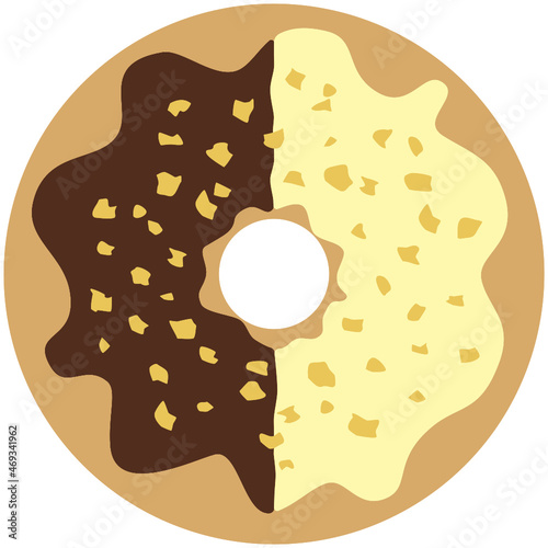 Round circular doughnut graphic with hole. Chocolate brown and cream yellow divided frosting, half and half, with nuts cookie crumbs sprinkles. Layered SVG illustration