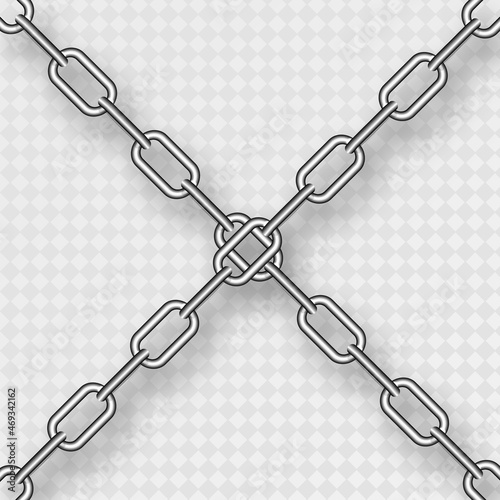 Realistic crossing metal chains with silver links on transparent background.
