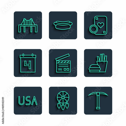 Set line USA label, Dream catcher with feathers, Pickaxe, Casino chip and playing cards, Movie clapper, Calendar date July 4, Golden gate bridge and Burger french fries icon. Vector