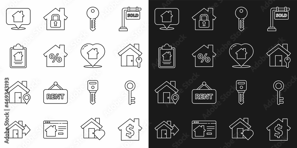 Set line House with dollar symbol, key, percant discount, contract, Location house and heart shape icon. Vector