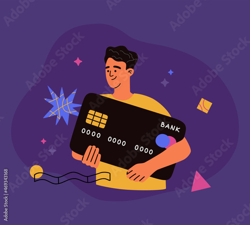 Young boy holds a big bank card. Modern secure electronic payment, transfer money, credit lines. Hand drawn vector illustration isolated on blue background with geometric shapes. Flat cartoon style.