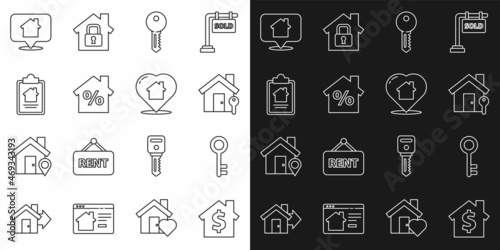 Set line House with dollar symbol, key, percant discount, contract, Location house and heart shape icon. Vector