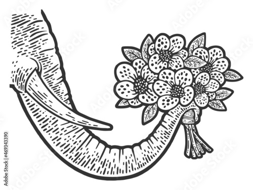 elephant trunk with flowers sketch engraving vector illustration. T-shirt apparel print design. Scratch board imitation. Black and white hand drawn image.