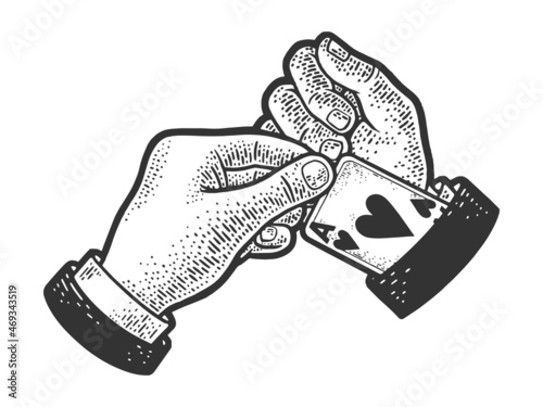 Card sharp cheater with ace card in the sleeve sketch engraving vector illustration. T-shirt apparel print design. Scratch board imitation. Black and white hand drawn image. photo