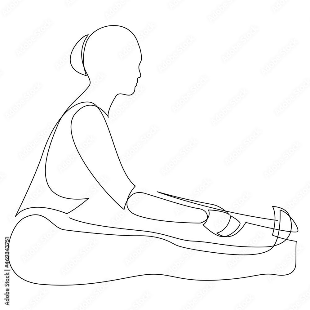 Continuous line drawing of woman doing yoga in Seated forward pose with a strap. Stretching body concept. Paschimotanasana vector illustration