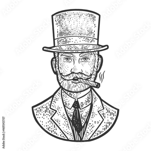 gentleman with top hat and cigar sketch engraving vector illustration. T-shirt apparel print design. Scratch board imitation. Black and white hand drawn image.