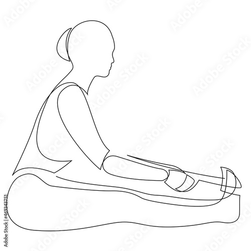 Continuous line drawing of woman doing yoga in Seated forward pose with a strap. Stretching body concept. Paschimotanasana vector illustration