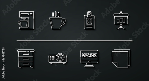Set line Coffee machine, Drawer with documents, Chalkboard diagram, Monitor text work, Movie, film, media projector, cup, Post note stickers and Identification badge icon. Vector