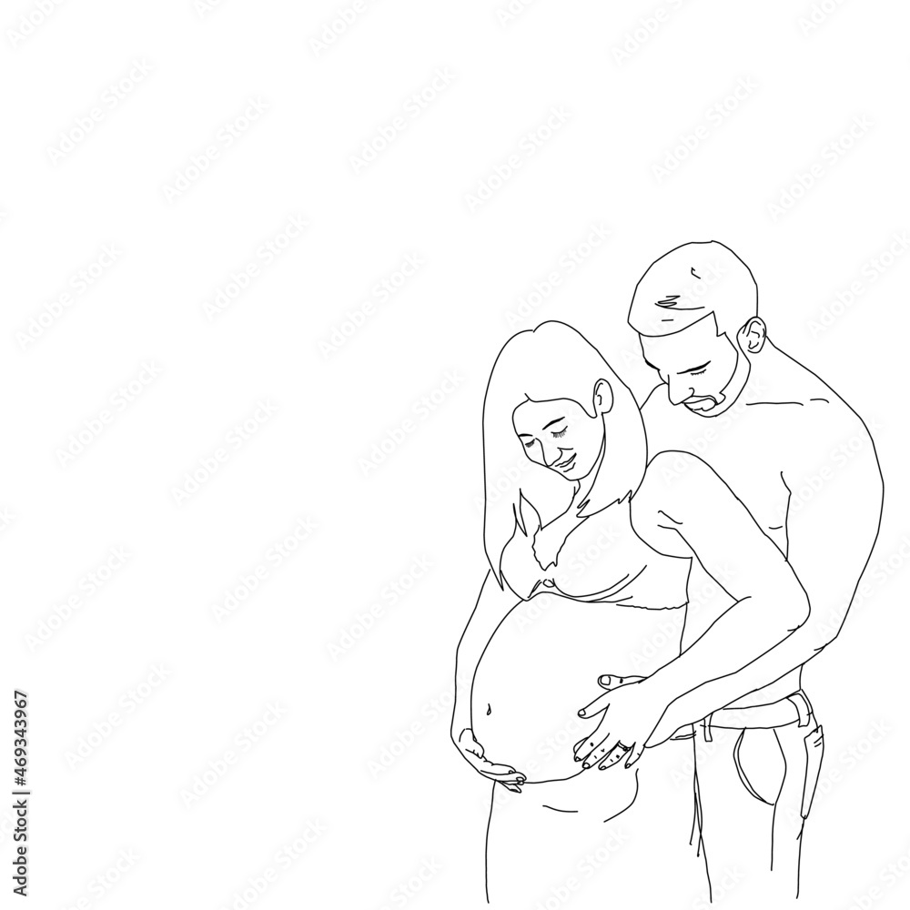 ouple parent father and mother pregnant belly waiting baby born birth illustration background vector