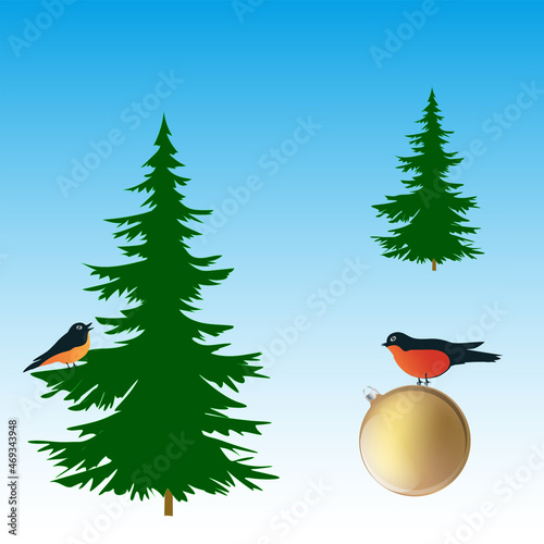 Bullfinches, Christmas trees, golden ball - vector. Card. Banner. Poster. Winter sale. Christmas sale.